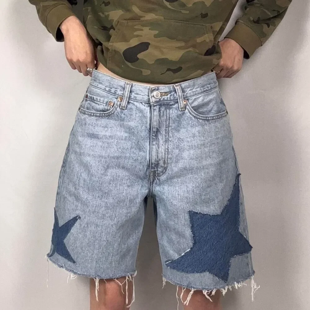 Blue denim JORTS with star patches